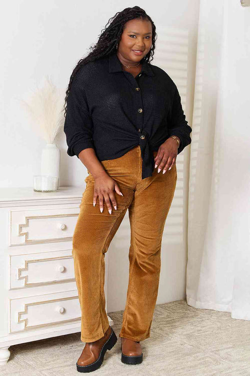 Double Take Waffle-Knit Collared Neck Dropped Shoulder Shirt - LISA MARIE BOUTIQUE