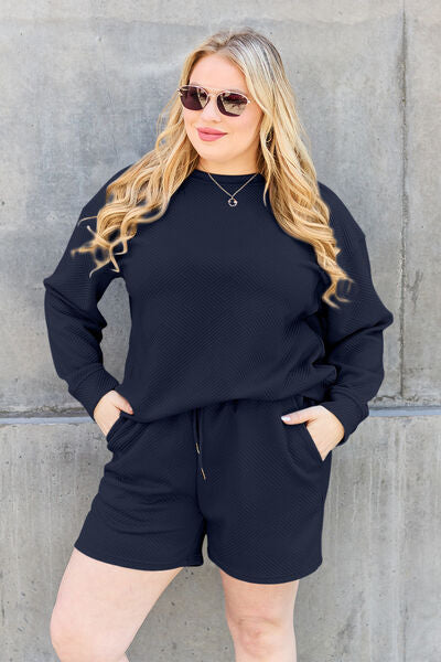 Double Take Full Size Texture Long Sleeve Top and Drawstring Shorts Set - LISA MARIE BOUTIQUE