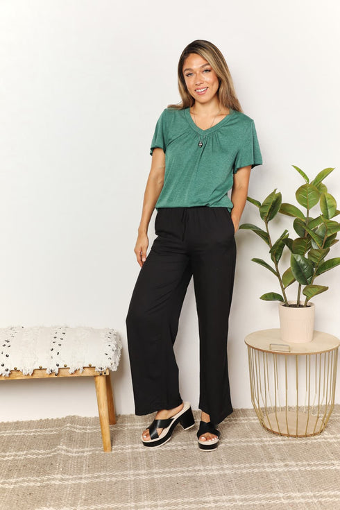 Double Take Ruched V-Neck Short Sleeve T-Shirt - LISA MARIE BOUTIQUE