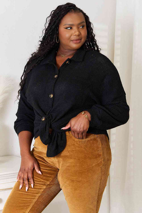 Double Take Waffle-Knit Collared Neck Dropped Shoulder Shirt - LISA MARIE BOUTIQUE