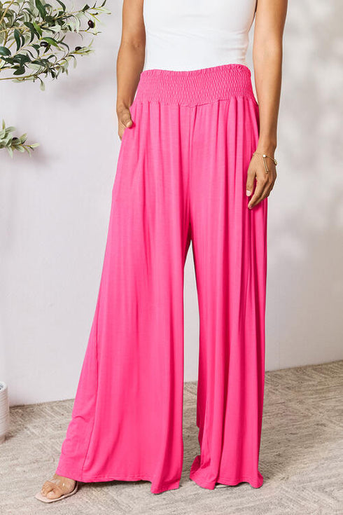 Double Take Full Size Smocked Wide Waistband Wide Leg Pants - LISA MARIE BOUTIQUE