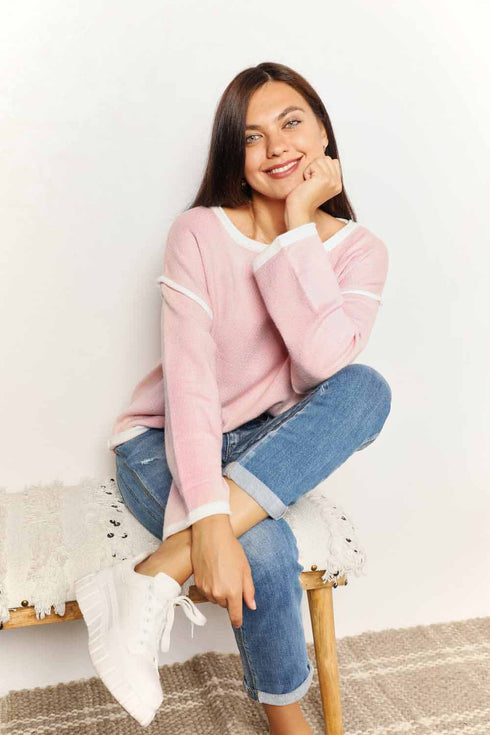 Double Take Contrast Detail Dropped Shoulder Knit Top - LISA MARIE BOUTIQUE