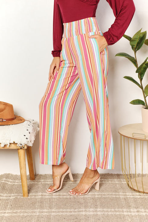 Double Take Striped Smocked Waist Pants with Pockets - LISA MARIE BOUTIQUE