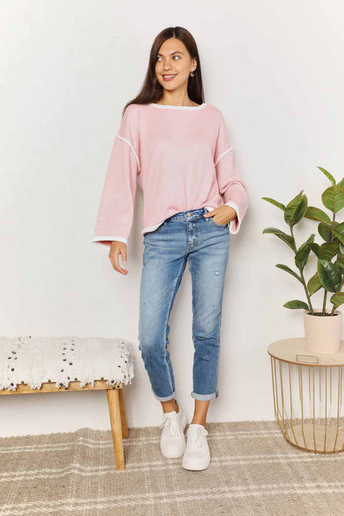 Double Take Contrast Detail Dropped Shoulder Knit Top - LISA MARIE BOUTIQUE