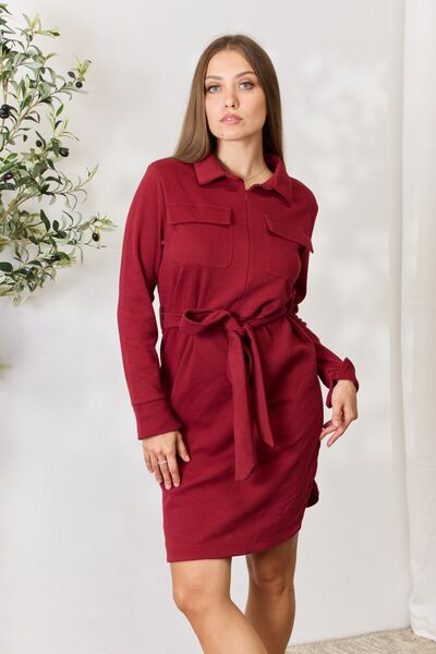 Culture Code Tie Front Half Zip Long Sleeve Shirt Dress - LISA MARIE BOUTIQUE