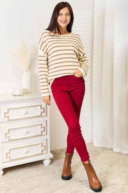 Double Take Striped Boat Neck Sweater - LISA MARIE BOUTIQUE