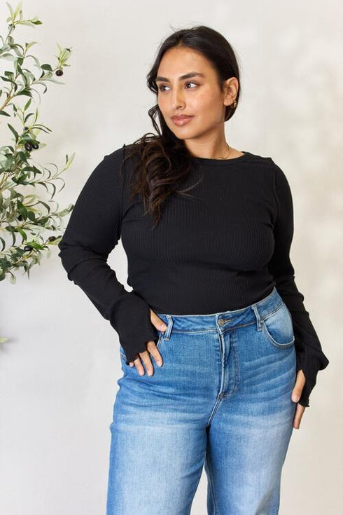 Culture Code Full Size Ribbed Round Neck Long Sleeve Top - LISA MARIE BOUTIQUE