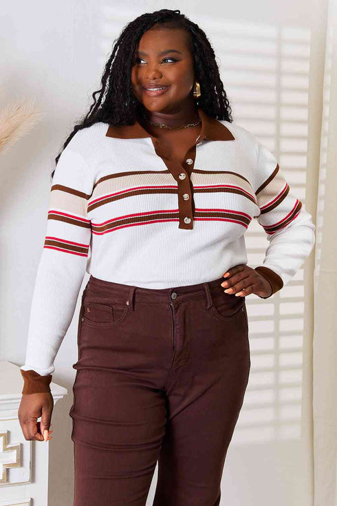 Basic Bae Striped Collared Neck Rib-Knit Top - LISA MARIE BOUTIQUE
