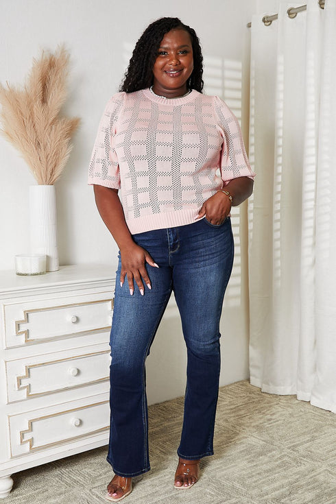 Double Take Ribbed Trim Round Neck Knit Top - LISA MARIE BOUTIQUE