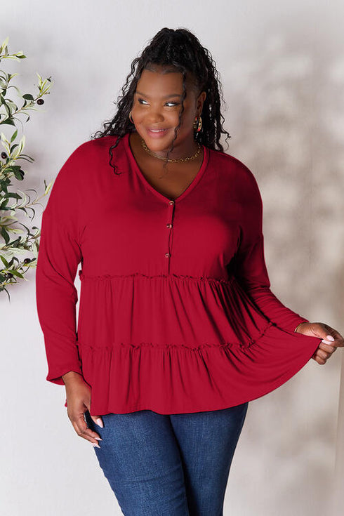 Half Button Long Sleeve Ruffle Hem Blouse - LISA MARIE BOUTIQUE
