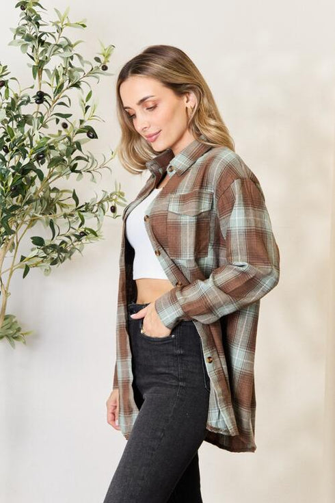 Double Take Plaid Dropped Shoulder Shirt - LISA MARIE BOUTIQUE
