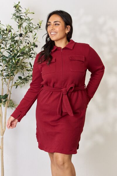 Culture Code Tie Front Half Zip Long Sleeve Shirt Dress - LISA MARIE BOUTIQUE