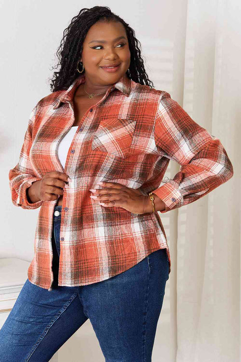 Double Take Plaid Collared Neck Long Sleeve Shirt - LISA MARIE BOUTIQUE