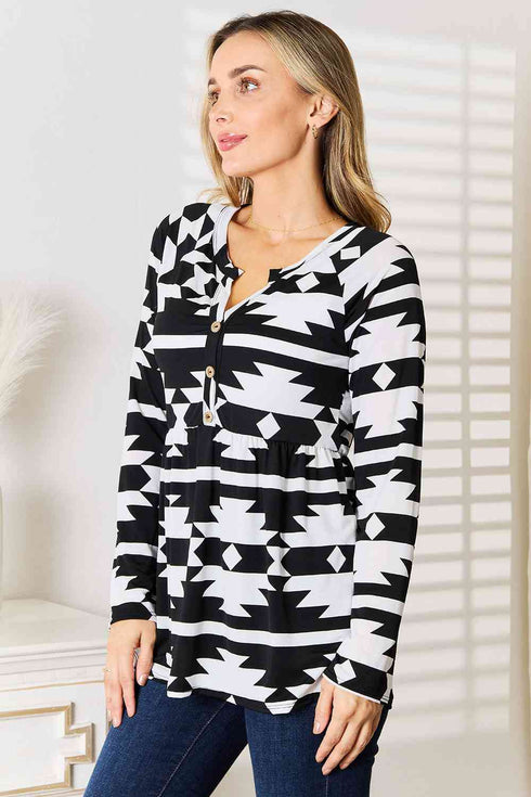 Heimish Geometric Notched Neck Long Sleeve Top - LISA MARIE BOUTIQUE