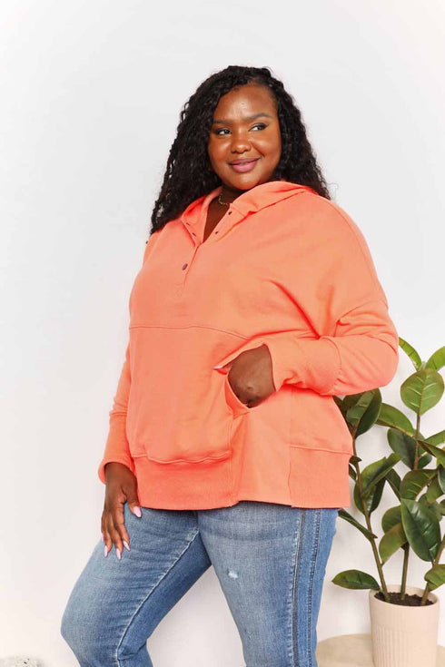 Double Take Quarter-Snap Dropped Shoulder Hoodie - LISA MARIE BOUTIQUE