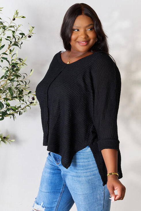 Zenana Round Neck High-Low Slit Knit Top - LISA MARIE BOUTIQUE