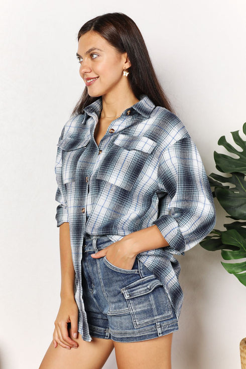 Double Take Plaid Dropped Shoulder Shirt - LISA MARIE BOUTIQUE