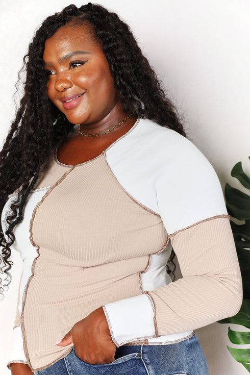 Double Take Color Block Exposed Seam Top - LISA MARIE BOUTIQUE