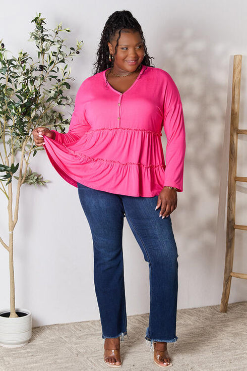 Half Button Long Sleeve Ruffle Hem Blouse - LISA MARIE BOUTIQUE