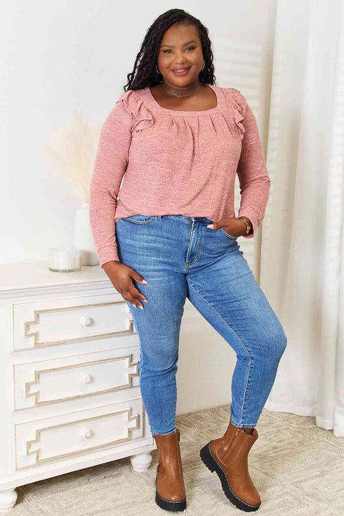 Double Take Square Neck Ruffle Shoulder Long Sleeve T-Shirt - LISA MARIE BOUTIQUE