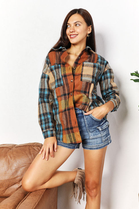 Double Take Plaid Curved Hem Shirt Jacket with Breast Pockets - LISA MARIE BOUTIQUE