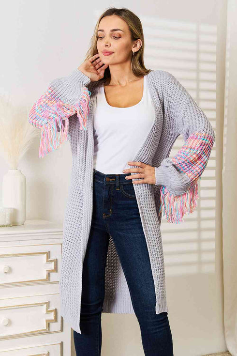 Woven Right Fringe Sleeve Dropped Shoulder Cardigan - LISA MARIE BOUTIQUE