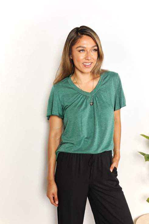 Double Take Ruched V-Neck Short Sleeve T-Shirt - LISA MARIE BOUTIQUE