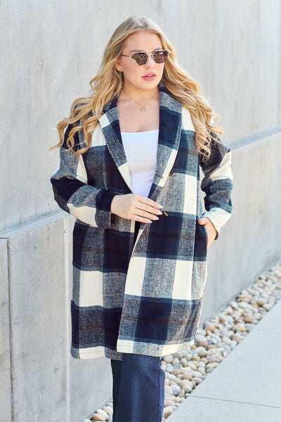 Plaid Button Up Lapel Collar Coat - LISA MARIE BOUTIQUE