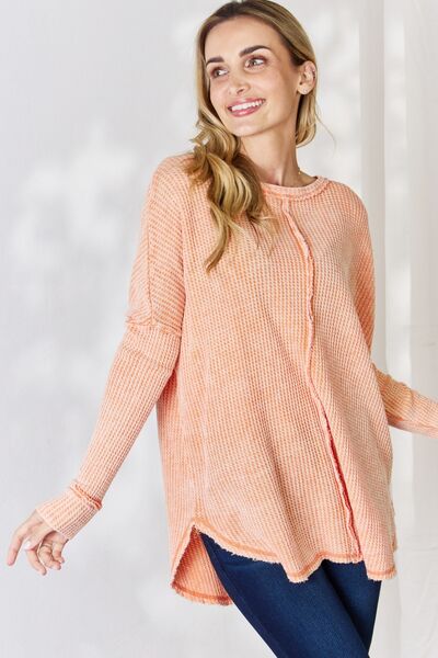 Zenana Oversized Washed Waffle Long Sleeve Top - LISA MARIE BOUTIQUE