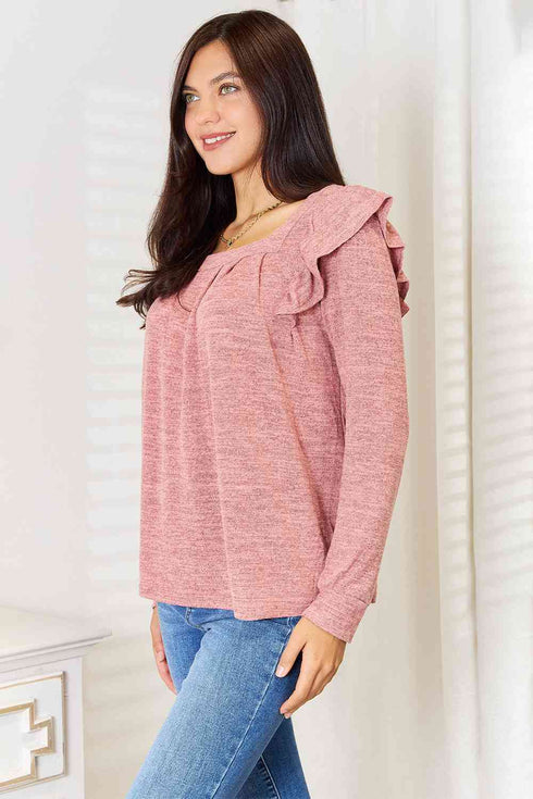Double Take Square Neck Ruffle Shoulder Long Sleeve T-Shirt - LISA MARIE BOUTIQUE