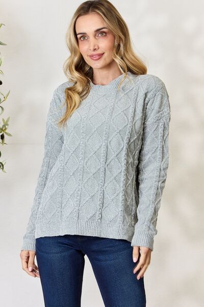 BiBi Cable Knit Round Neck Sweater - LISA MARIE BOUTIQUE