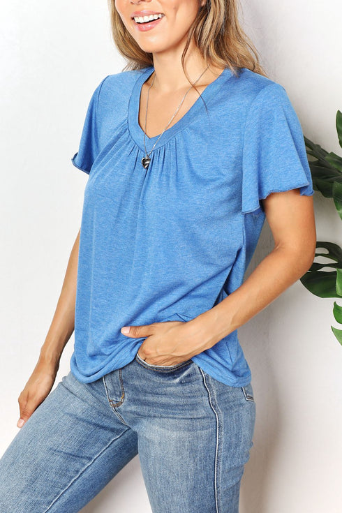 Double Take Ruched V-Neck Short Sleeve T-Shirt - LISA MARIE BOUTIQUE