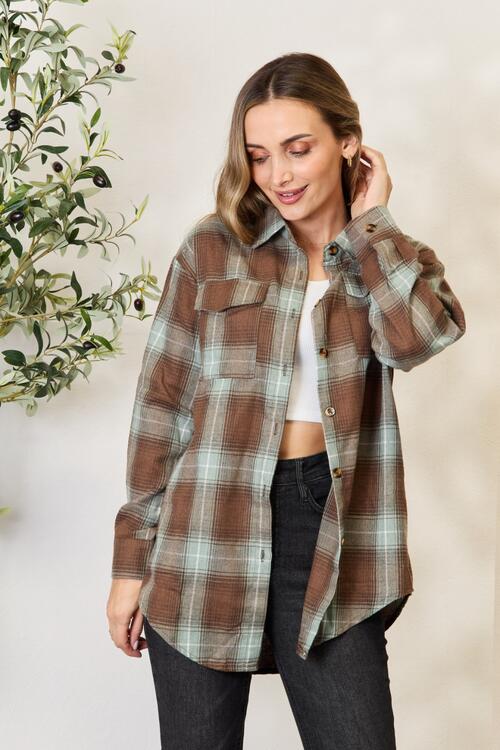Double Take Plaid Dropped Shoulder Shirt - LISA MARIE BOUTIQUE