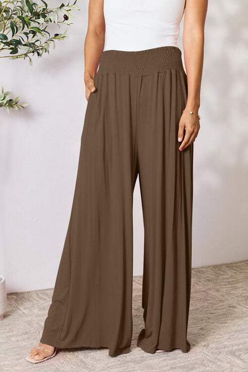Double Take Full Size Smocked Wide Waistband Wide Leg Pants - LISA MARIE BOUTIQUE