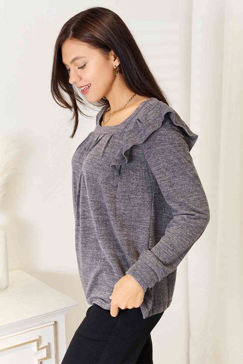 Double Take Square Neck Ruffle Shoulder Long Sleeve T-Shirt - LISA MARIE BOUTIQUE