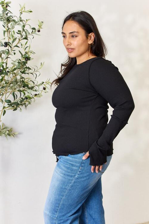 Culture Code Full Size Ribbed Round Neck Long Sleeve Top - LISA MARIE BOUTIQUE