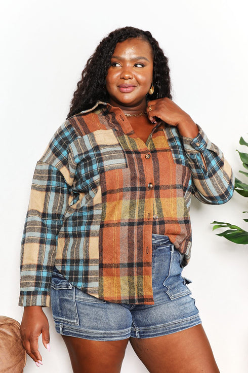 Double Take Plaid Curved Hem Shirt Jacket with Breast Pockets - LISA MARIE BOUTIQUE