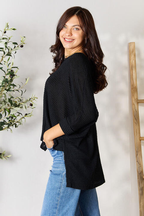 Zenana Round Neck High-Low Slit Knit Top - LISA MARIE BOUTIQUE