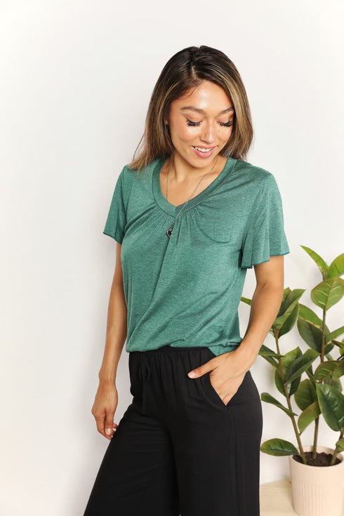 Double Take Ruched V-Neck Short Sleeve T-Shirt - LISA MARIE BOUTIQUE