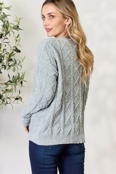 BiBi Cable Knit Round Neck Sweater - LISA MARIE BOUTIQUE