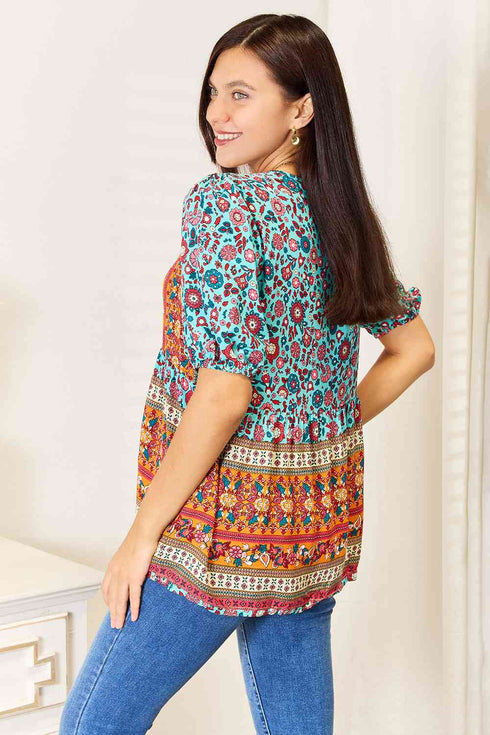 Double Take Bohemian Tassel Tie Puff Sleeve Babydoll Blouse - LISA MARIE BOUTIQUE