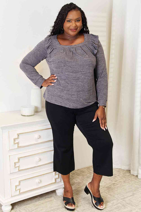 Double Take Square Neck Ruffle Shoulder Long Sleeve T-Shirt - LISA MARIE BOUTIQUE