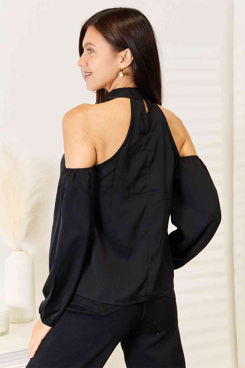 Double Take Grecian Cold Shoulder Long Sleeve Blouse - LISA MARIE BOUTIQUE