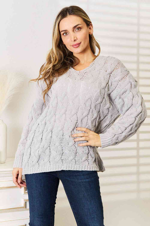 Woven Right Cable-Knit Hooded Sweater - LISA MARIE BOUTIQUE