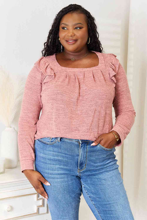 Double Take Square Neck Ruffle Shoulder Long Sleeve T-Shirt - LISA MARIE BOUTIQUE