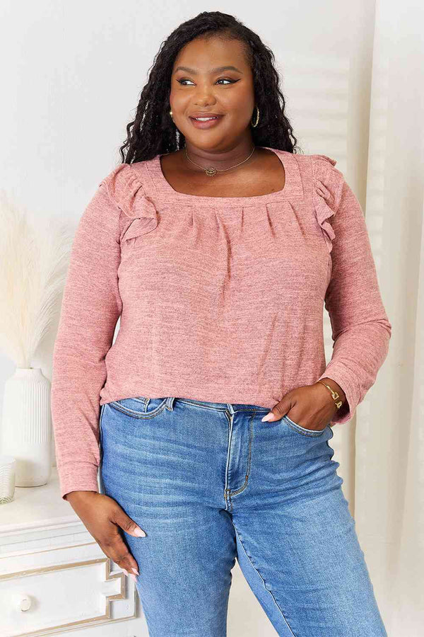 Double Take Square Neck Ruffle Shoulder Long Sleeve T-Shirt - LISA MARIE BOUTIQUE