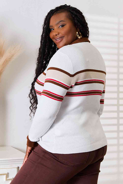 Basic Bae Striped Collared Neck Rib-Knit Top - LISA MARIE BOUTIQUE