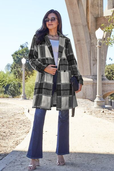 Plaid Button Up Lapel Collar Coat - LISA MARIE BOUTIQUE