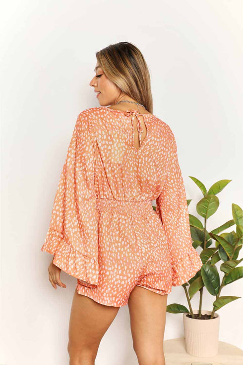 Double Take Printed Flare Sleeve Surplice Romper - LISA MARIE BOUTIQUE