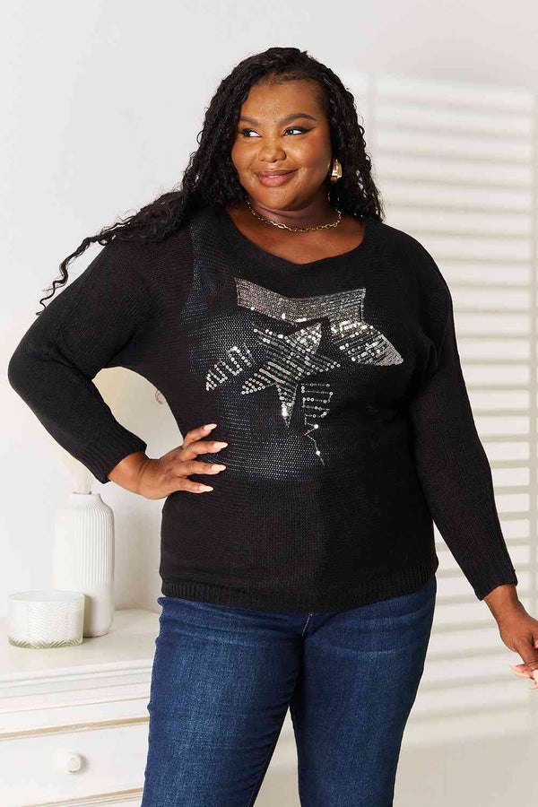 Double Take Sequin Graphic Dolman Sleeve Knit Top - LISA MARIE BOUTIQUE